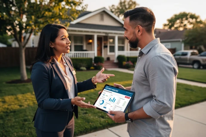 A cinematic 3:2 medium shot of a diverse, professional real estate agent and a focused investor standing on a sidewalk in a well-kept USA suburban neighborhood. The agent is gesturing toward a charming house in the background while holding a tablet showing a data-heavy CAP rate analysis. They are in an engaged, collaborative conversation. Warm late-afternoon sunlight, shallow depth of field with a soft bokeh background of the home. High-end architectural photography style, representing expertise and "off-market" access.